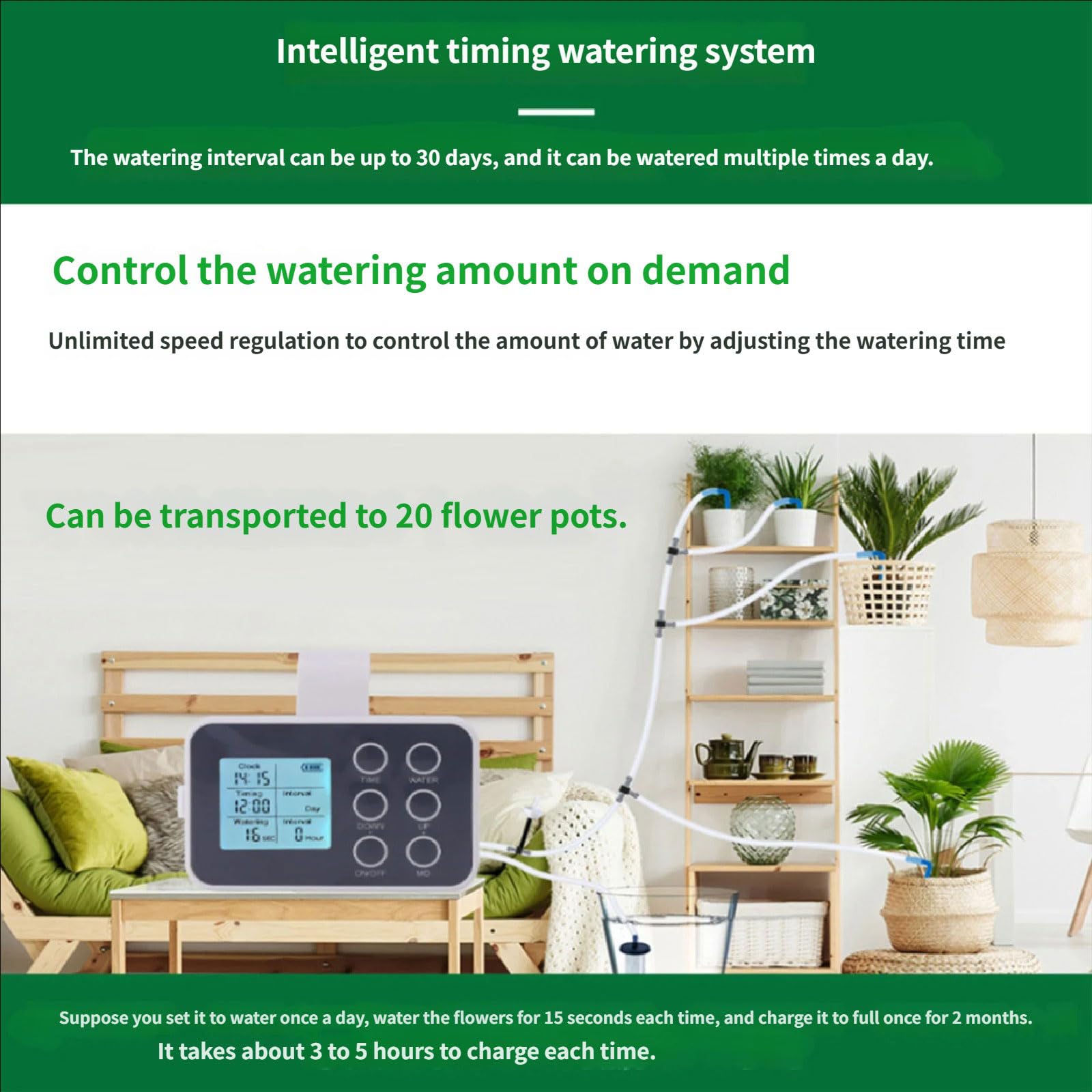 Dispositivo di irrigazione automatica delle piante con timer e irrigazione a goccia regolabile per interni ed esterni fino a 20 vasi