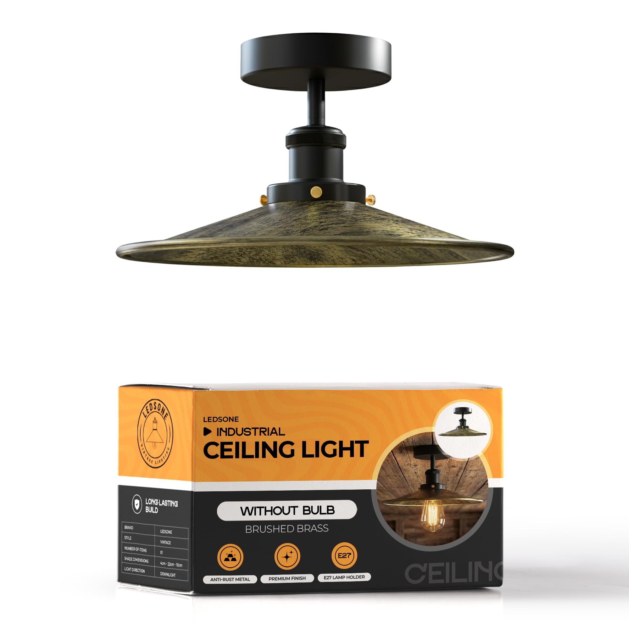 LEDSone Retro Ceiling Light Industrial Chandelier Lamp 22cm Vintage Metal Brushed Brass Lampshade E27 Base LED Ceiling Lighting for Bedroom Hallway Office Kitchen Living Room Energy Class A+