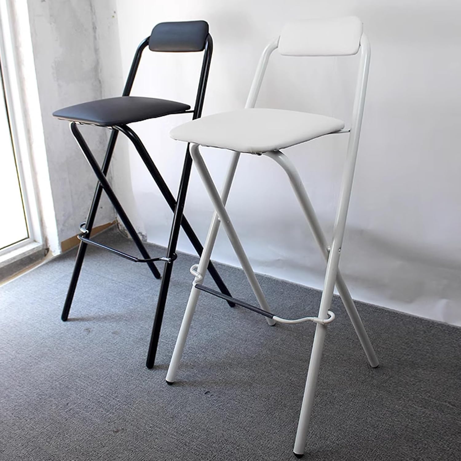 Folding Stool with Backrest, Foldable Breakfast Square Padded High Chair Stool, Kitchen Party Office Tall (Color : Black, Size 65cm/26in) (Black 70cm/28in)