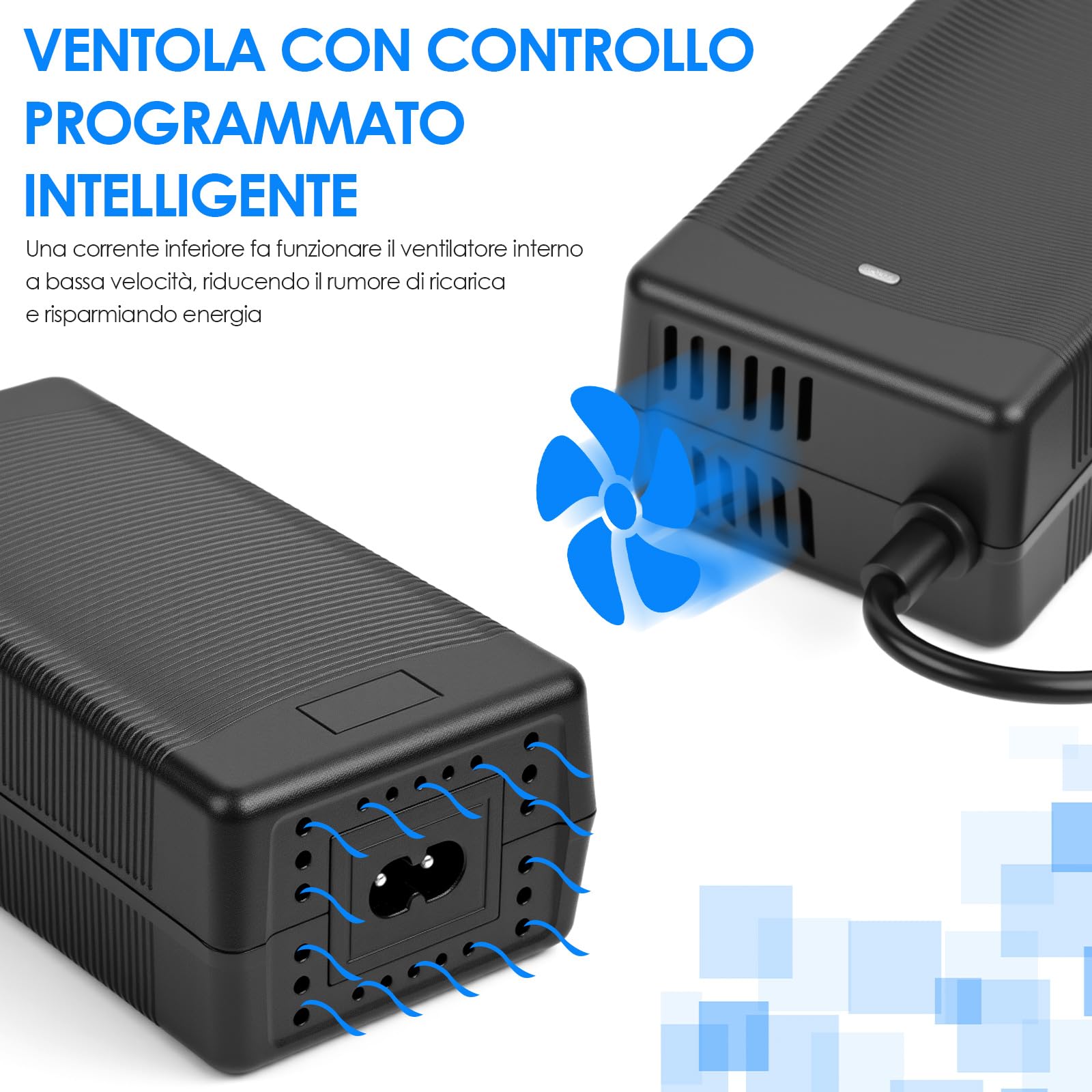 Pfloge Caricatore Monopattino Elettrico per Scooter, 54.6V 2A Caricatore Bici Elettrica con Ventilatore e 6 Connettori, Caricatore Hoverboard per Batteria Universale al Litio da 48 V