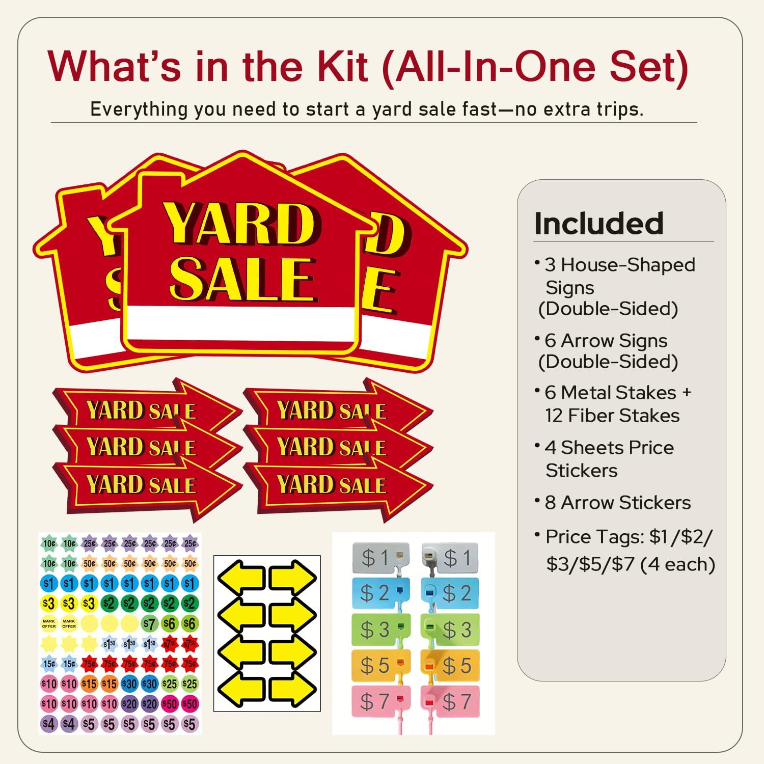 Yard Sale Signs with Metal Stakes, Garage & Estate Sale Signs Kit, Double-Sided House & Arrow Directional Signs, Corrugated Plastic Outdoor Sale Supplies with Price Stickers & Clip-On Price Tags