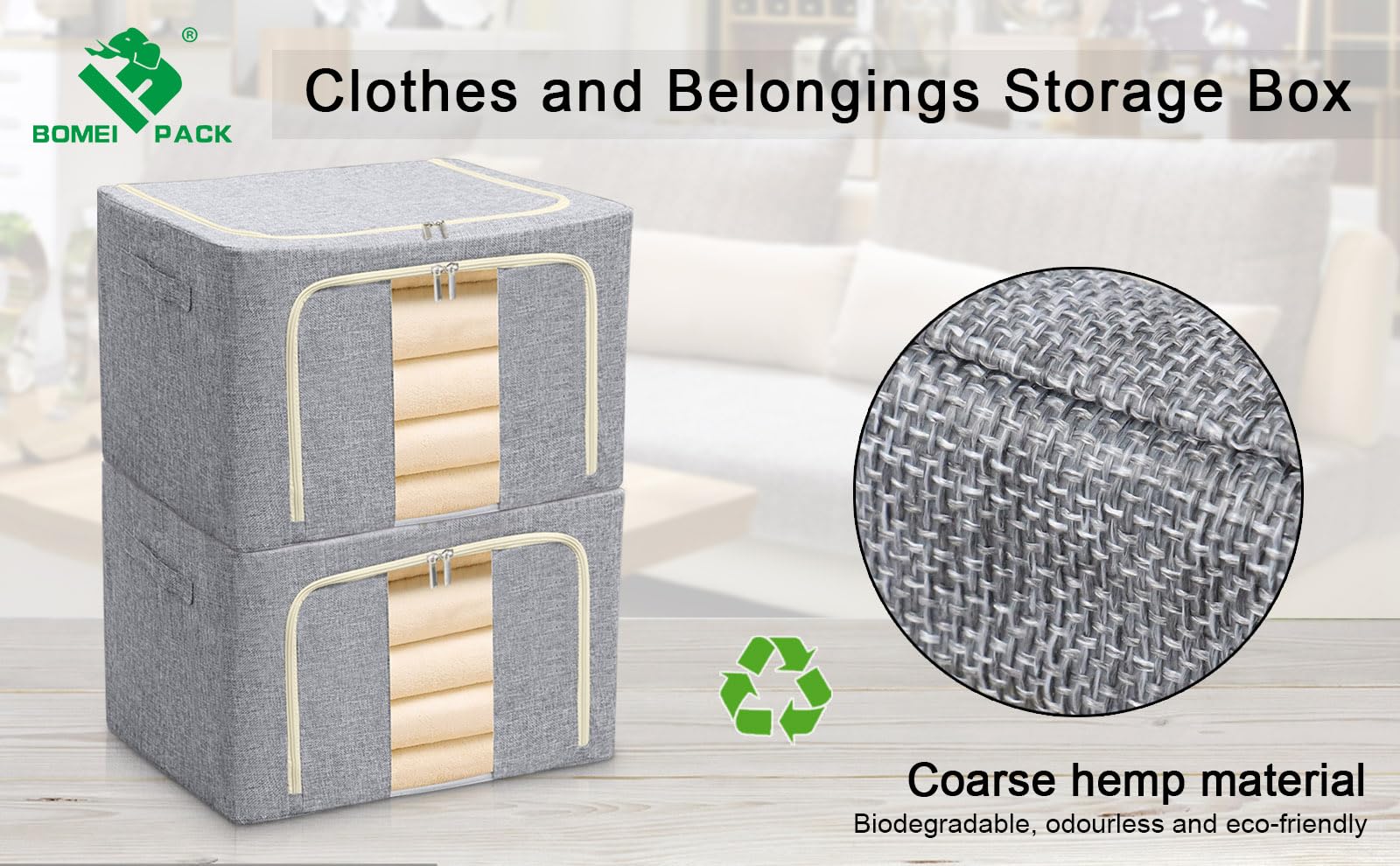 BOMEI PACK 2 Packs Clothes Storage Box Closet Wardrobe,Dormitory Underbed Foldable Grey Organizer Sturdy Boxes durable with Metal Frame,Two Zippers,Reinforced Handles,Clear Front Window - Image 4