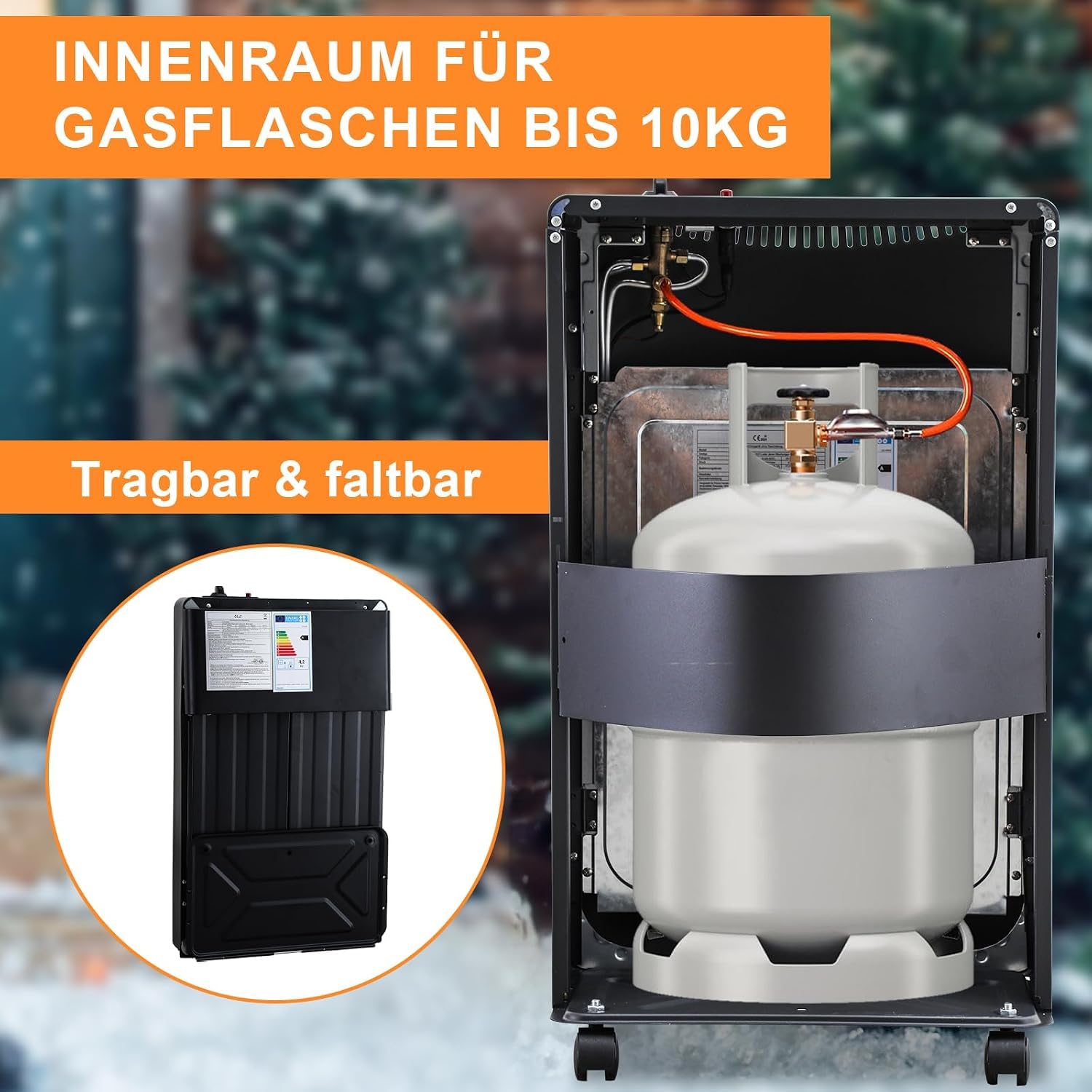 Gasheizofen 4,2 KW Gasheizgerät Faltbar Gasheizer mit Druckregler & Schlauch, inkl. Überhitzungsschutz und Kippschutz, ODS, Piezozünder, 305 g/h Gasverbrauch, Butan oder Propangasflaschen
