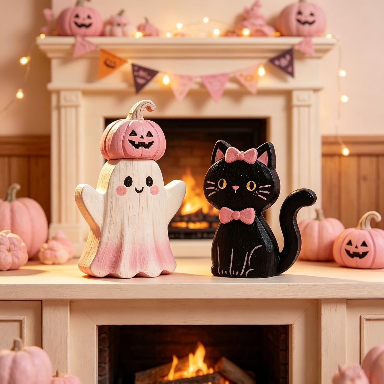 3Pcs Pink Halloween Decor, Wooden Tabletop Decor, Festive Pumpkin Cute Ghost and Black Cat Figurine, Pastel Halloween Tiered Tray Decorations Indoor Decors for Office Home Decoration