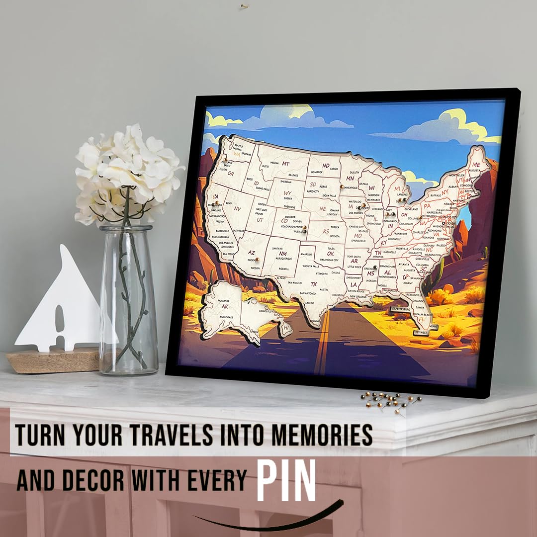 flinelife Mapa de viaje de corcho con las principales ciudades, tamaño mediano, 12 x 10, mapa de Estados Unidos, perfecto para parejas y familias