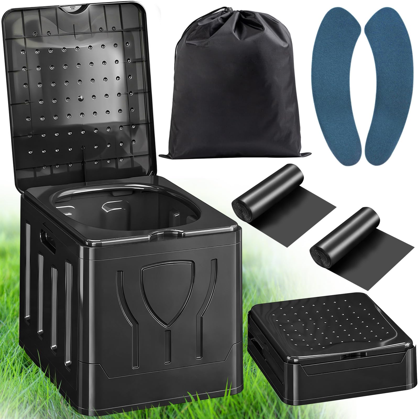 WC Portatile Pieghevole 20L con Sacca, Sacchetti e Sedile – WC da Campeggio Chimico per Adulti, Cesso Portatile per Camper, Viaggi, Emergenza, Bagno Esterno Compatto (Nero)
