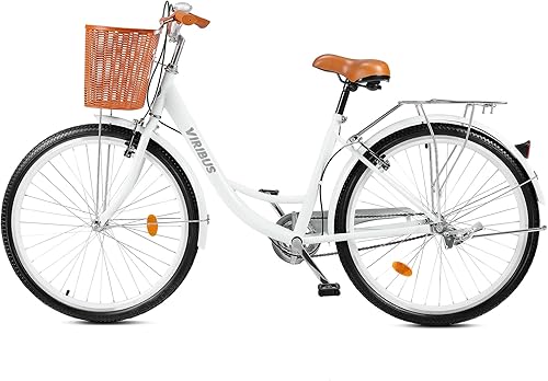 Viribus Bicicleta para mujer con cesta delantera, 26 y 24 pulgadas, cómoda para viajes a la playa y la ciudad, bicicleta de crucero para mujeres