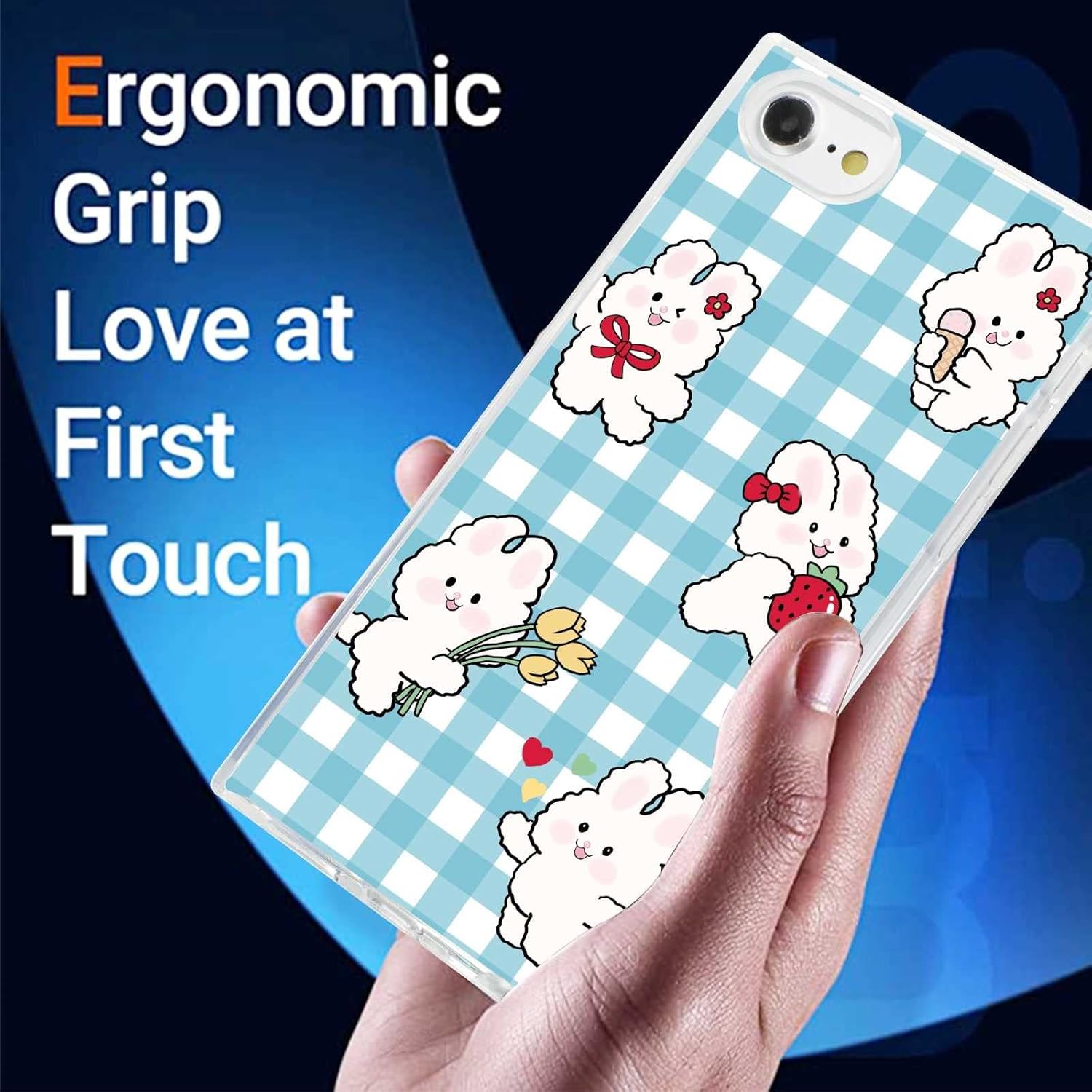 Compatible with iPhone SE(2022/2020)8/7 Case, Cartoon Bunny Rabbit Strawberry Blue Plaid Pattern for iPhone Case Girls Women, Soft TPU Transparent Trendy Clear Case for iPhone SE(2022/2020)8/7