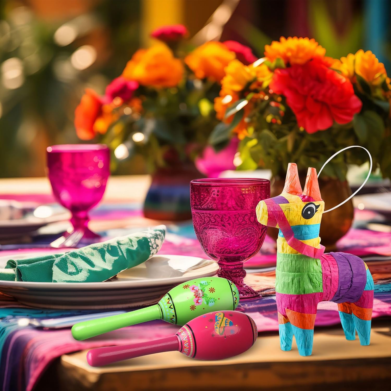 Arrowbash 18 Pcs Mexican Fiesta Party Favors Including 6 Donkey Piñata Mini Piñata and 12 Wooden Mini Maracas Cinco De Mayo Decor, Birthday Parties,Luau Party,Carnivals,Taco Tuesday Event