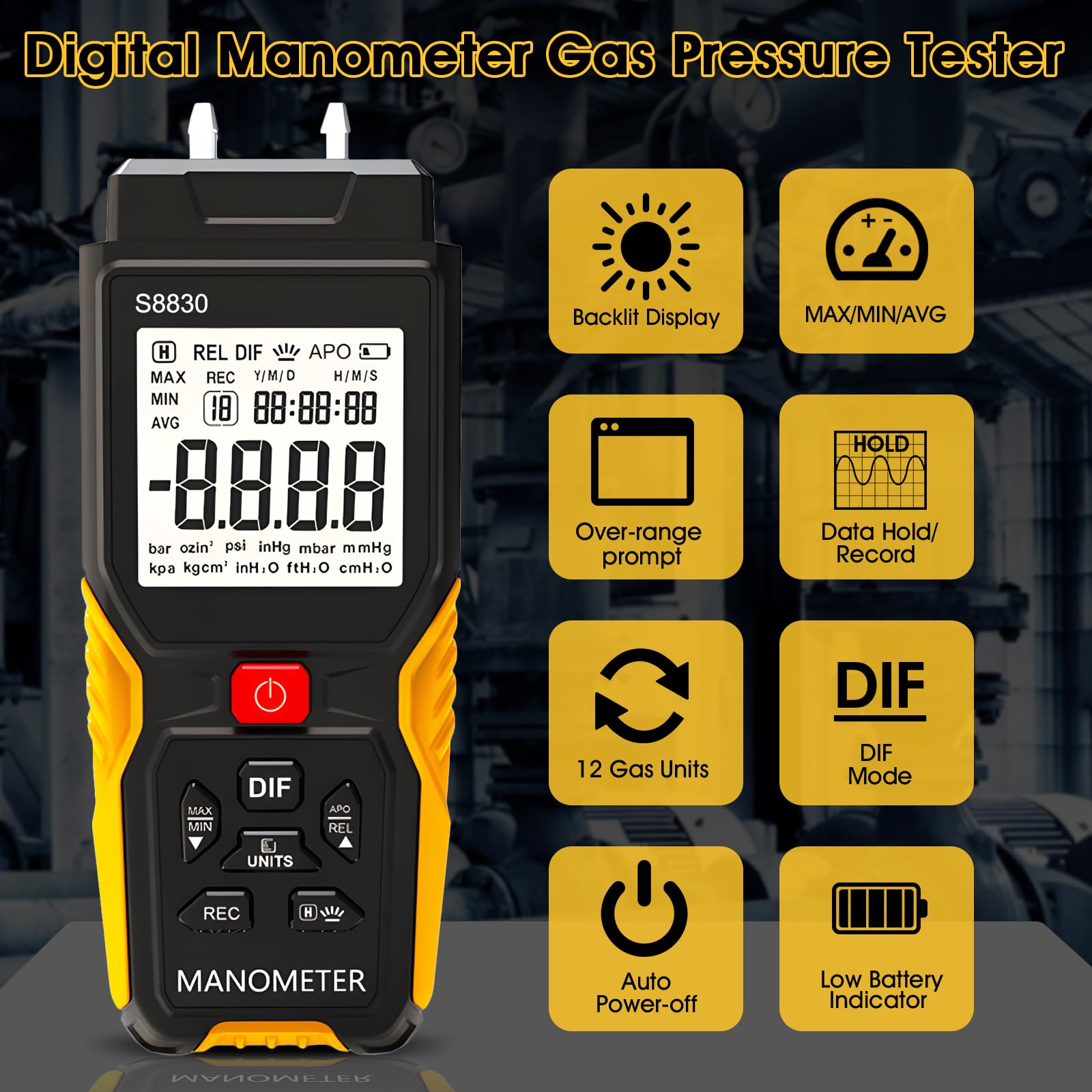 Medidor de presión digital, medición de presión diferencial ± 36,80 KPa, resolución 0,1, 12 unidades, probador de presión de gas HVAC de doble puerto con alarma de sobrepresión y registro de datos