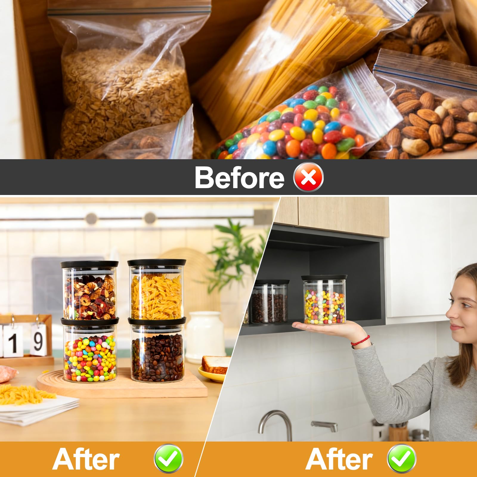Romon Barattolo Vetro Con Coperchio, Set Di 4 (600ml Ciascuno), Trasparente impilabile, Contenitore Ermetico per Alimenti per conservare cereali, biscotti, pasta e caffè in grani