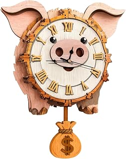 3D Wooden Puzzles for Adults Pig Design Clock Model Kit with Pendulum | Beginner 38 Pieces Pig 3D Wooden Puzzles DIY Crafts for Office Wall Decor Anniversary Birthday Christmas Idea Gift