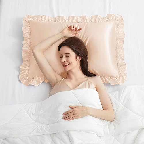 Vista 49 de Fundas de almohada de satén negro con volantes para cabello y piel, juego estándar de 2 fundas de almohada de seda negra con cierre de sobre