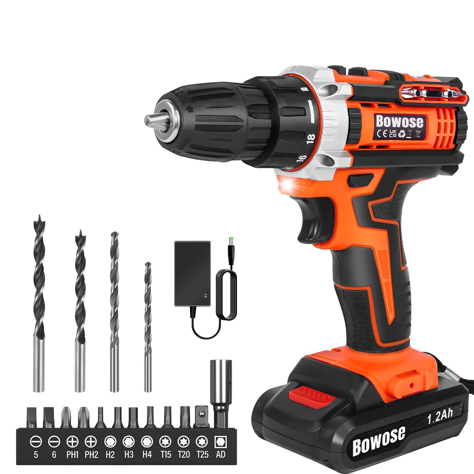 Cordless Drill, 12V Electric Drill Set 45N.m with 1200mAh Battery, 3/8" Keyless Chuck, 18+1 Torque, LED Light, 2 Adjustable Speed, Lightweight Portable 19pcs Drills Set for Garden DIY Project