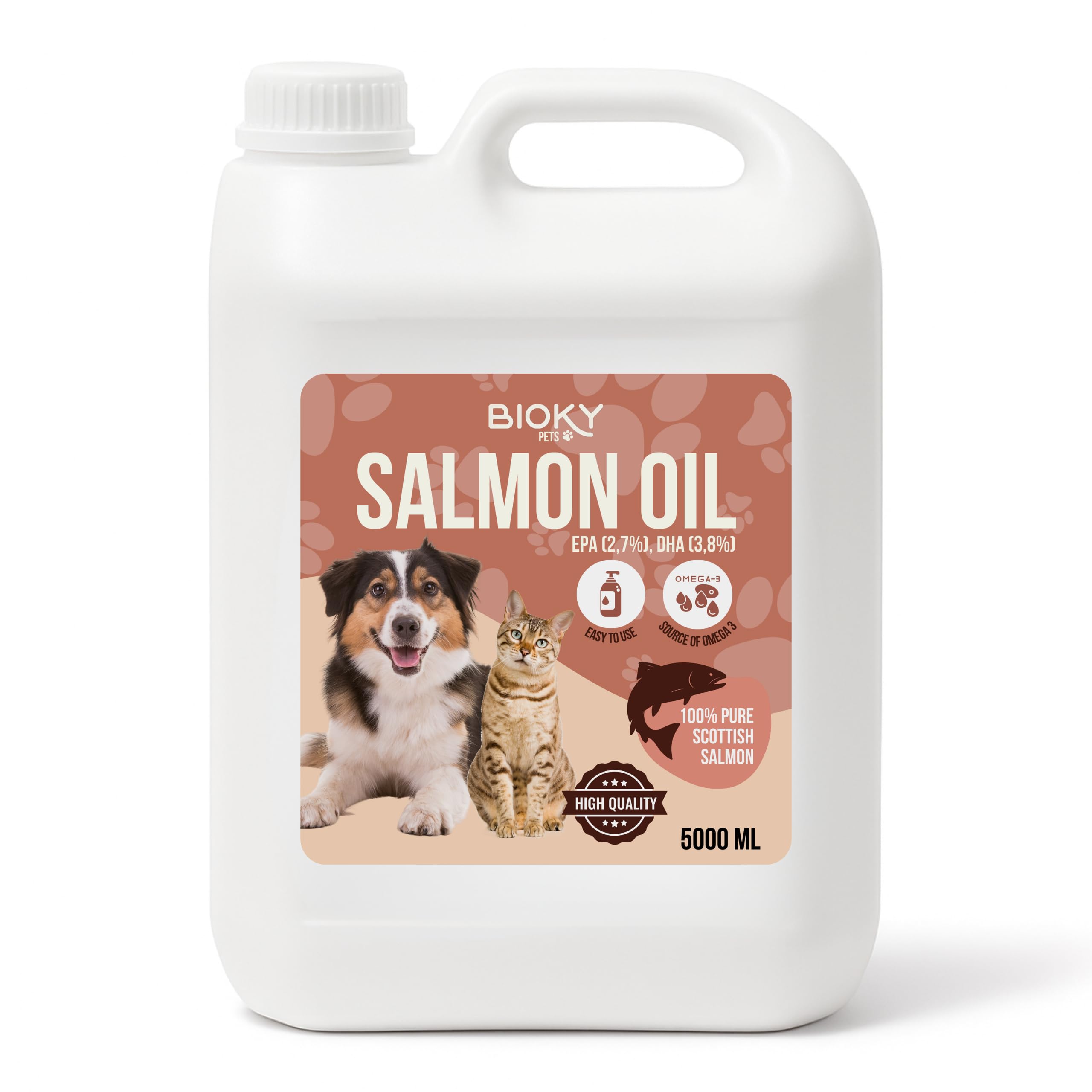 Huile de Saumon : Chiens et Chats 5 L – Source d'Oméga 3 et 6 – EPA et DHA – Complément Alimentaire Haut de Gamme à Base d'Acides Gras et de Vitamine E – Origine : Écosse