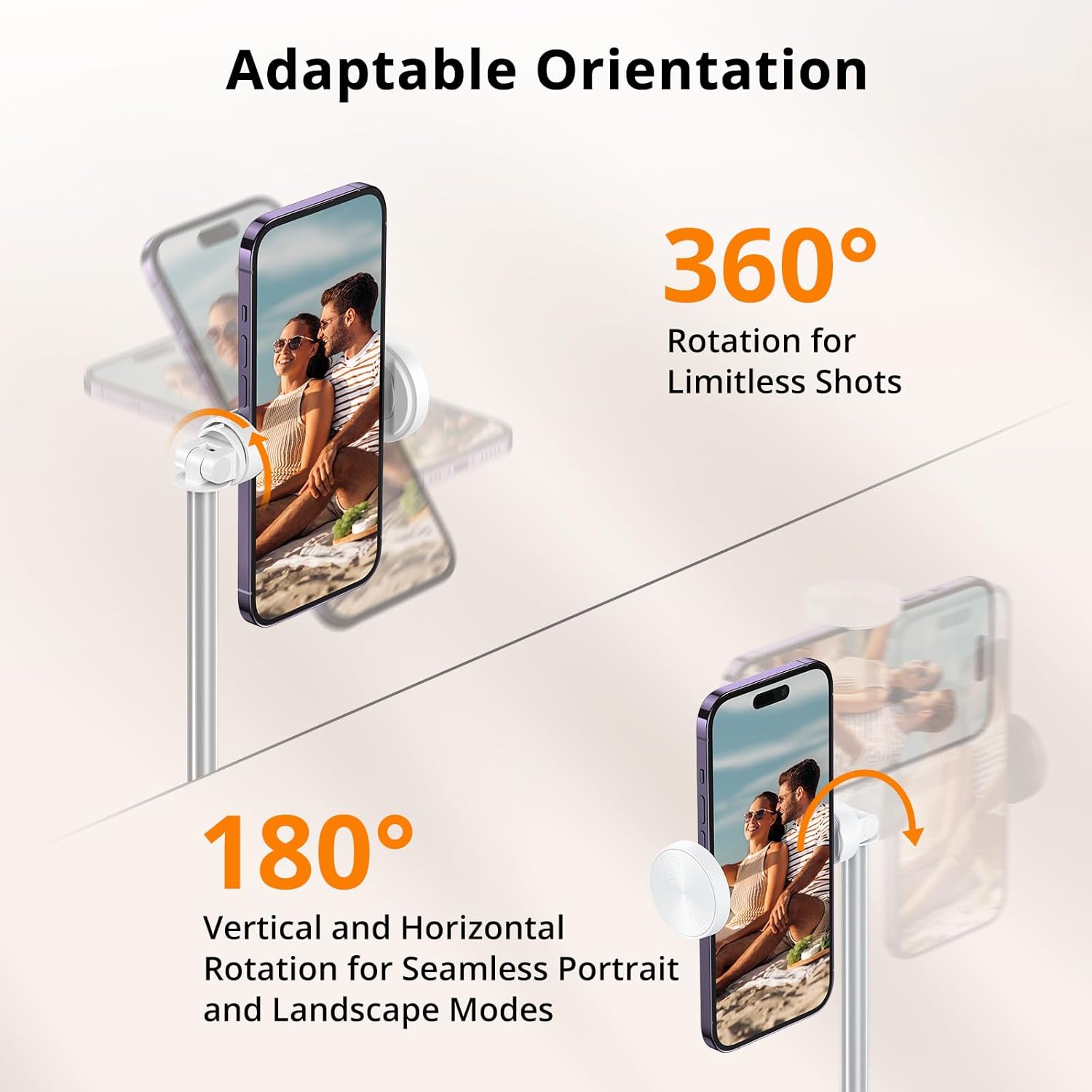 Diagram illustrating the 360-degree rotation and 180-degree tilt capabilities of the phone mount.