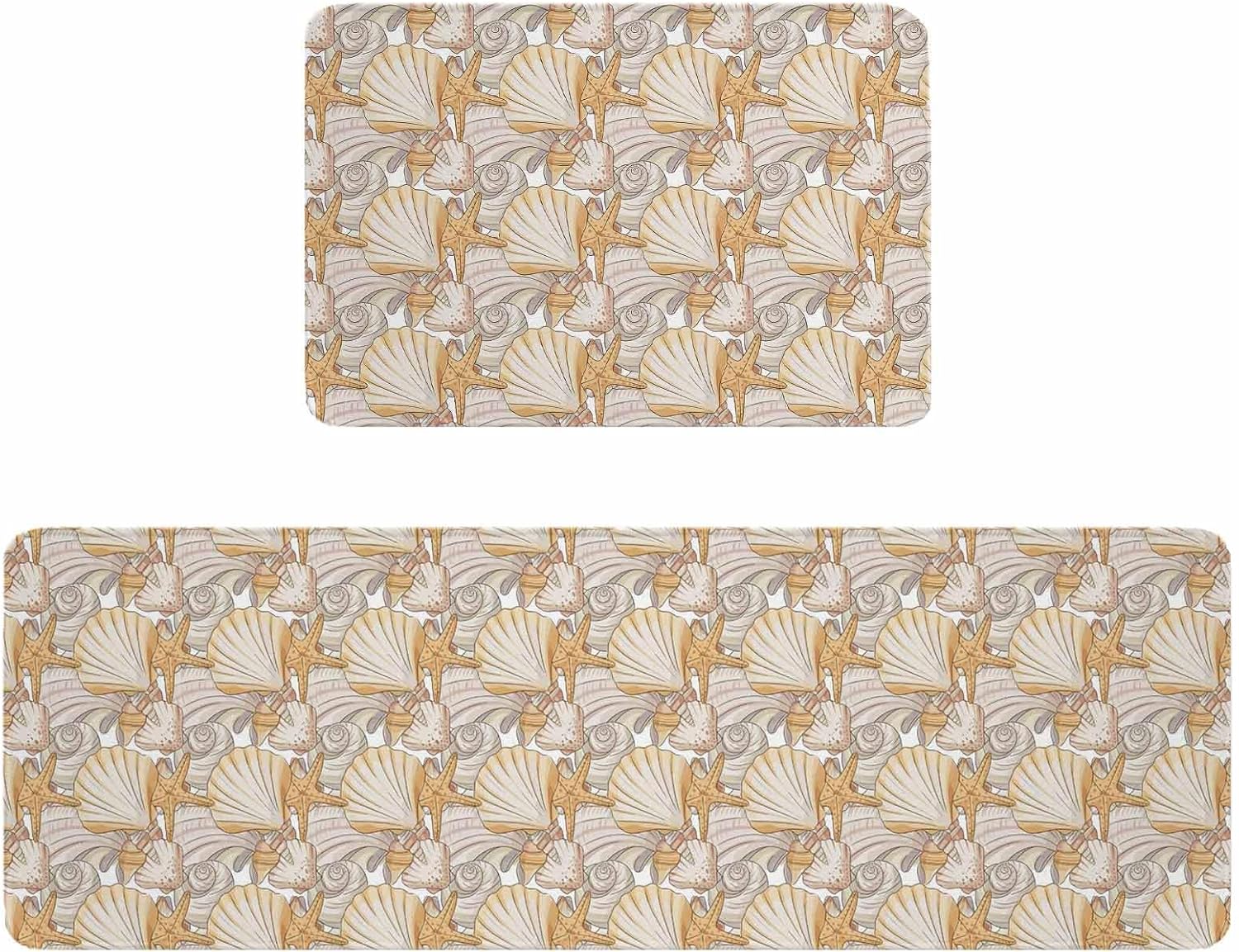 Shell Coastal Kitchen Rugs and Mats Set of 2, Non-Slip Kitchen Sink Mat, Vintage Ocean Starfish Seaside Washable Doormat Bathroom Rugs Runner for Bedroom/Living Room 19.7"x23.6"+19.7"x47.2"
