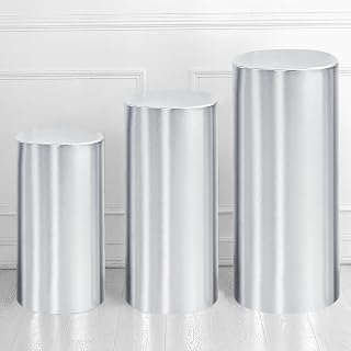 uxcell Set of 3 Silver Tone Cylinder Spandex Stand Covers, Plinth Stand Cover for Party Wedding Birthday Decoration, Only Contains Cylinder Covers (Foil Fabric - Large)