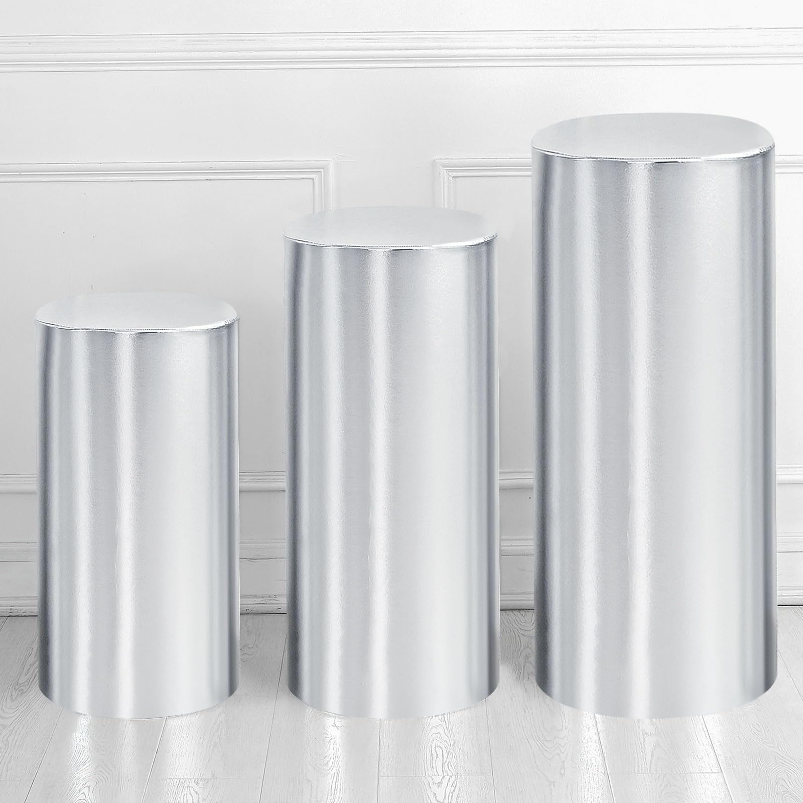 Juego de 3 fundas cilíndricas de elastano plateado para decoración de fiestas y eventos