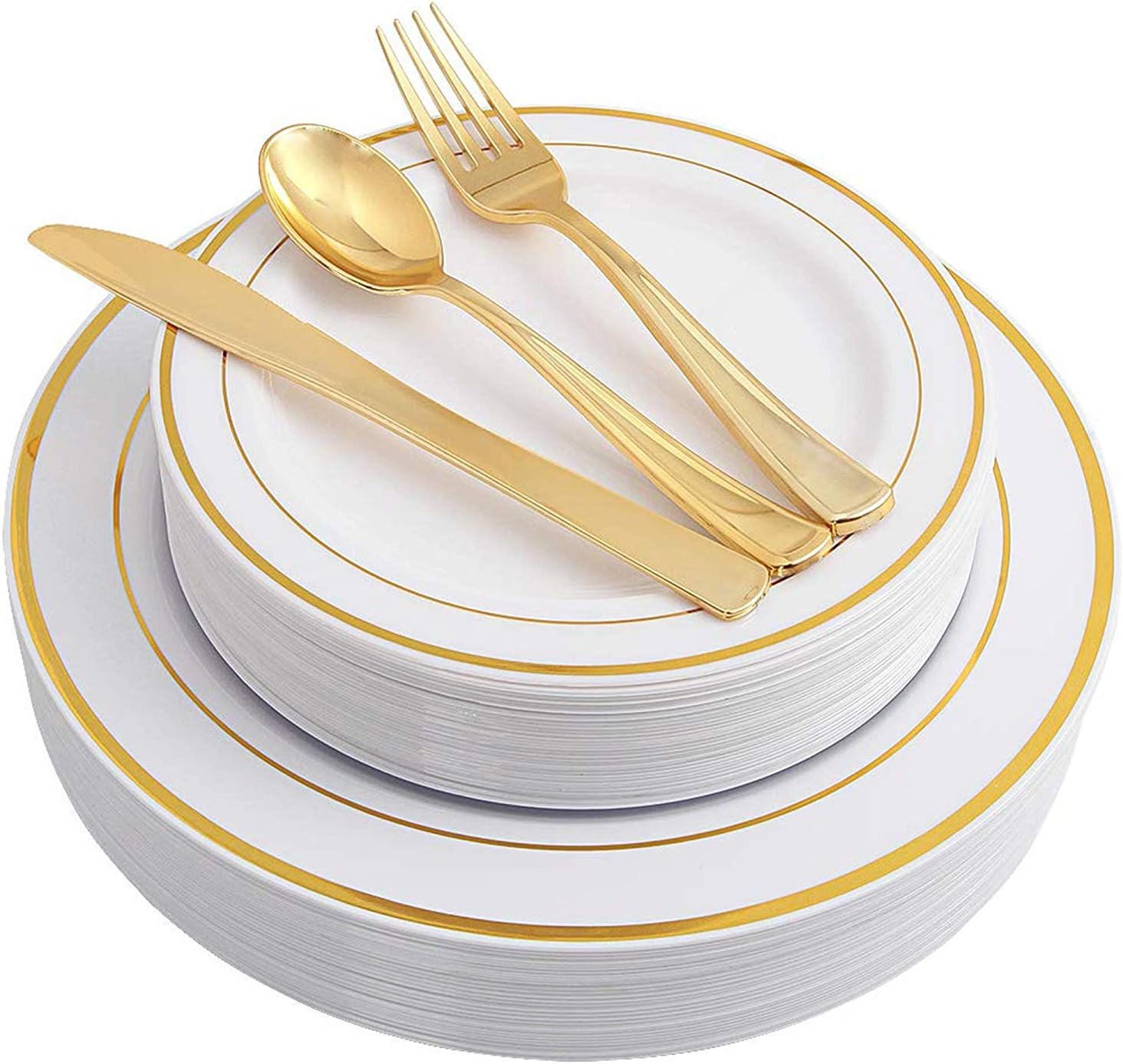 Gold Splendor 100 Piece Pack Premium Plastic Plates and Cutlery Set for 20 Guests – 20pc 10” Dinner, 20pc 7” Salad/Dessert, 20pc Forks, 20pc Spoons, 20pc Knives (White w/Gold Rim)