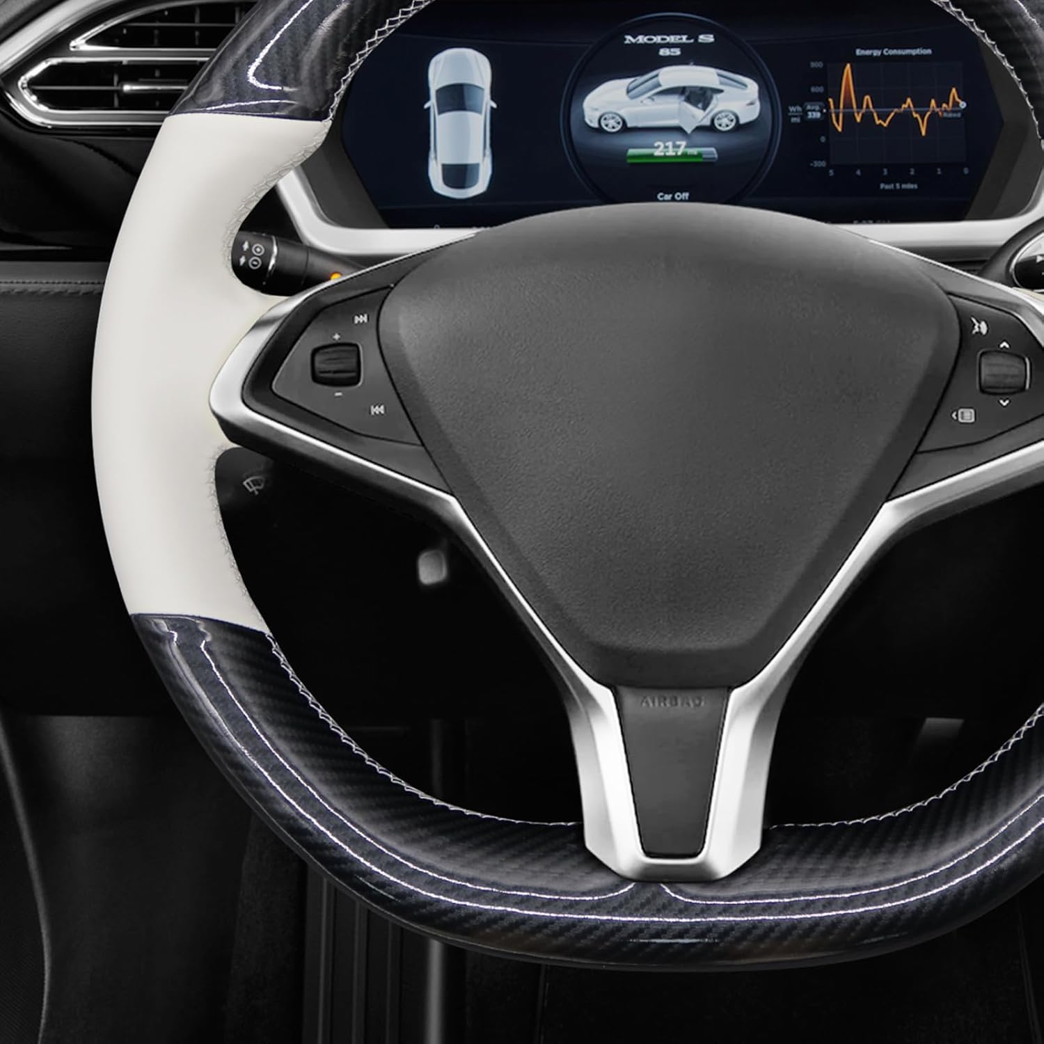 MEWANT Hand Stitched White Leather Steering Wheel Cover for Tesla Model S 2013-2017