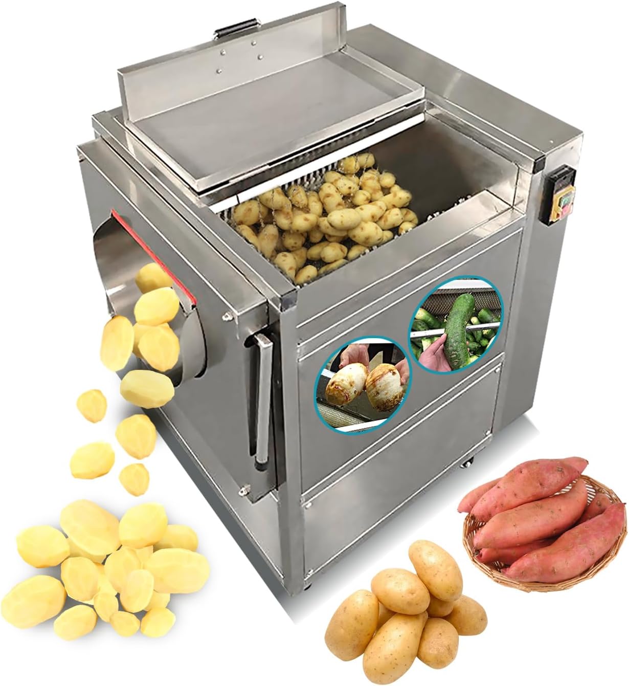 Commercial Potato Peeler and Washer,Automatic Fruit & Vegetable Washing and Peeling Machine,Potato Peeling Machine,for Ginger Carrot Sweet Potatoes,Rotating Brush with High-pressure Spray,330lb/h