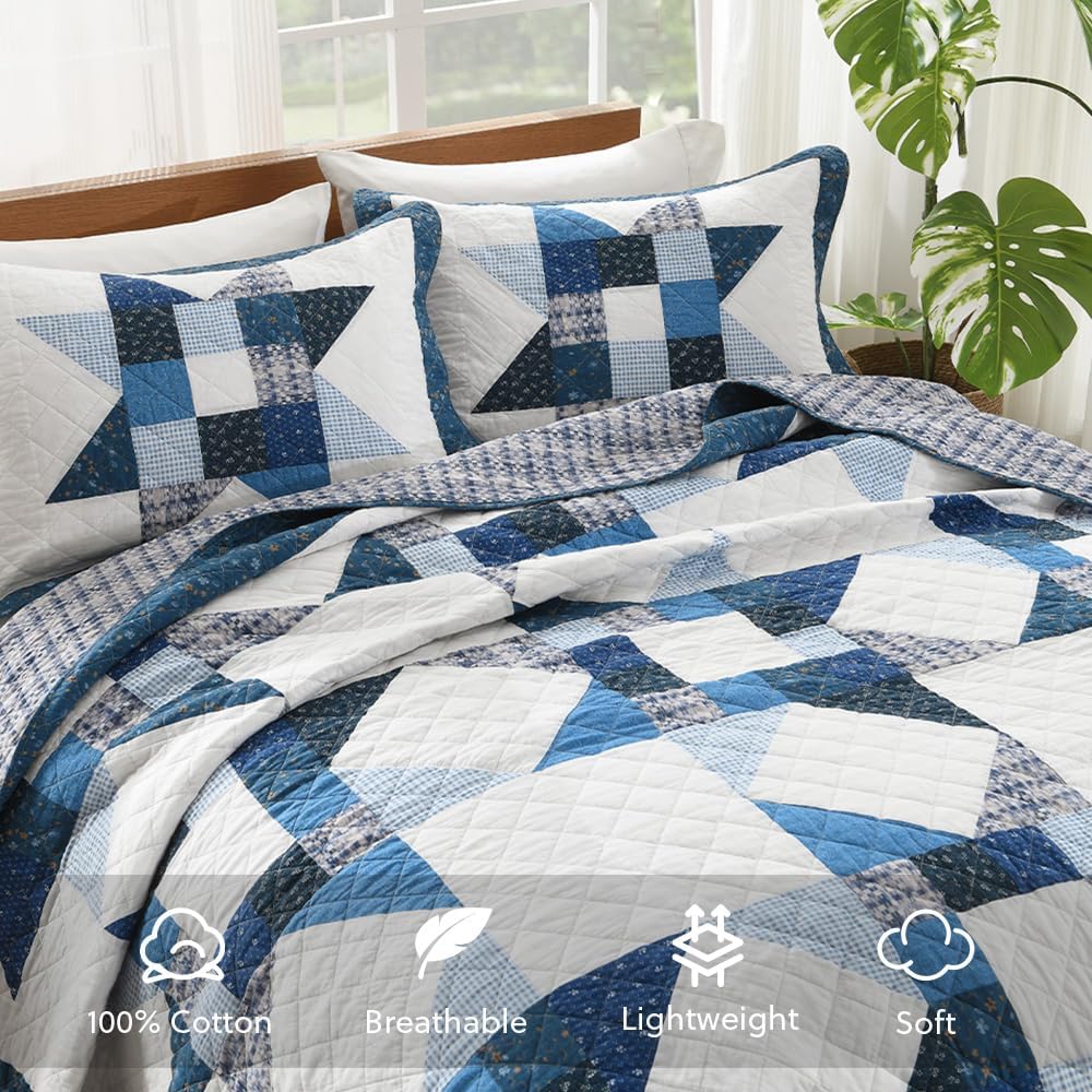 Cotton Quilt Bedding Sets 3 Pieces Soft Reversible Coverlets Luxury Star Real Patchwork Bedspread, Blue White, Queen Size - Image 3