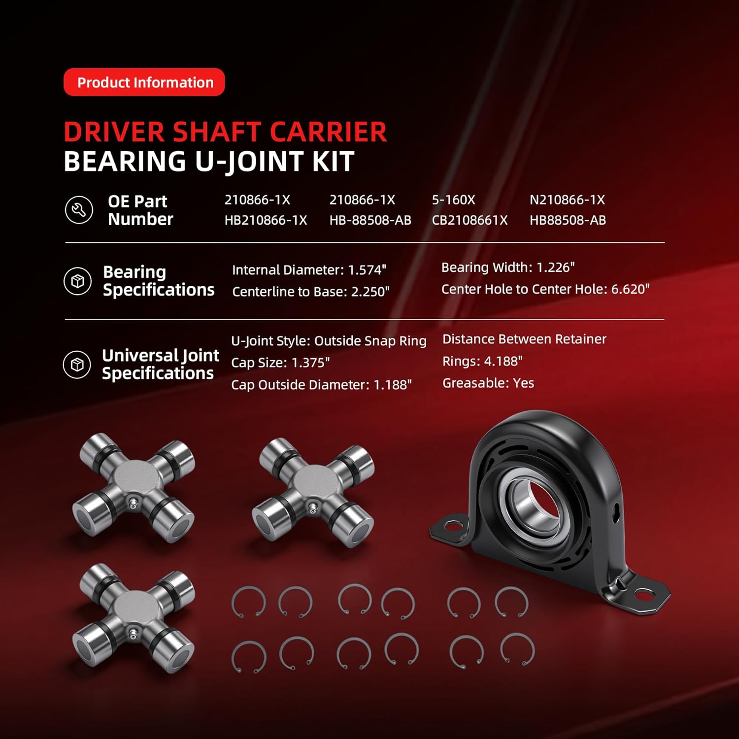 210866-1X Rear Driver Shaft Carrier Bearing 5-160X U-Joint Kit for Ford F250/F350 Super Duty 4WD RWD 1999-2010, OE HB-88508-AB, CB2108661X, N210866-1X, HB88508-AB