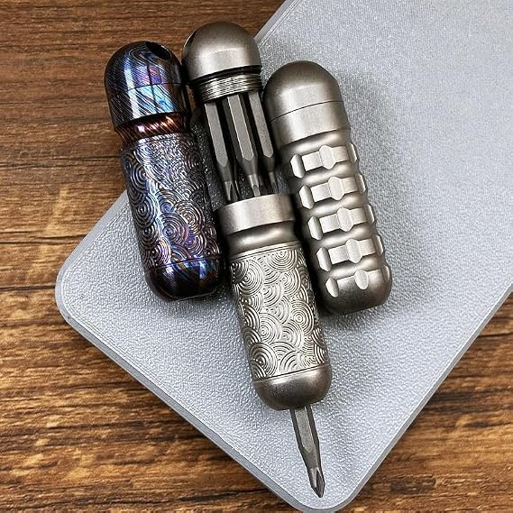 Titanium Waterproof Capsule EDC Tool with Screwdriver Bits, Mini Pocket Tool Kit with 5 Bits, CNC Titanium Alloy Storage Container, Compact Tool for Camping Repair (Wave Pattern Titanium)