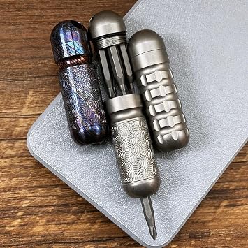 Titanium Waterproof Capsule EDC Tool with Screwdriver Bits, Mini Pocket Tool Kit with 5 Bits, CNC Titanium Alloy Storage Container, Compact Tool for Camping Repair (Wave Pattern Titanium)