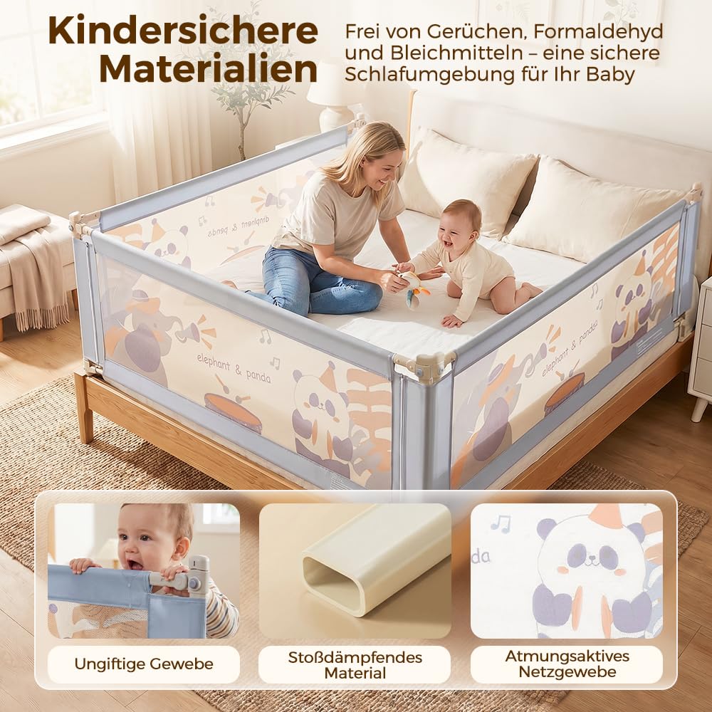 Playpals Baby Bettgitter, Kinderbettgitter 150cm Lang, Höhenverstellbar | Rausfallschutz für Baby Kleinkinder, 70-98cm Höhenverstellbar, Atmungstives Netz, für Einzel- und Doppelbetten, Blau