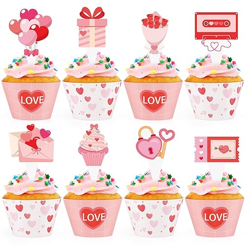 Hooqict 48Pcs Valentine's Day Cupcake Toppers and Wrappers Pink Red