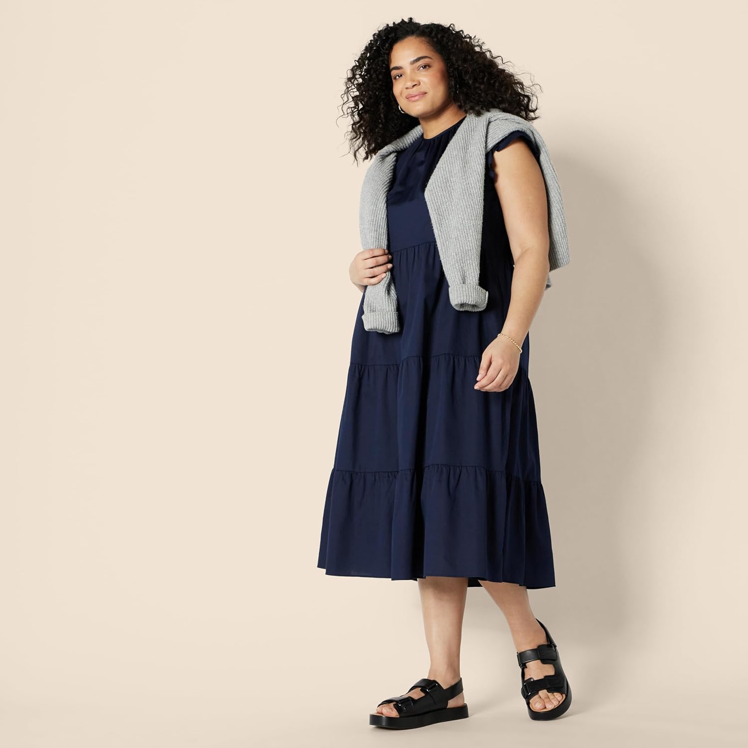 Amazon Essentials Women's Relaxed-Fit Cotton Sateen Crewneck Tiered Midi Dress - Image 7