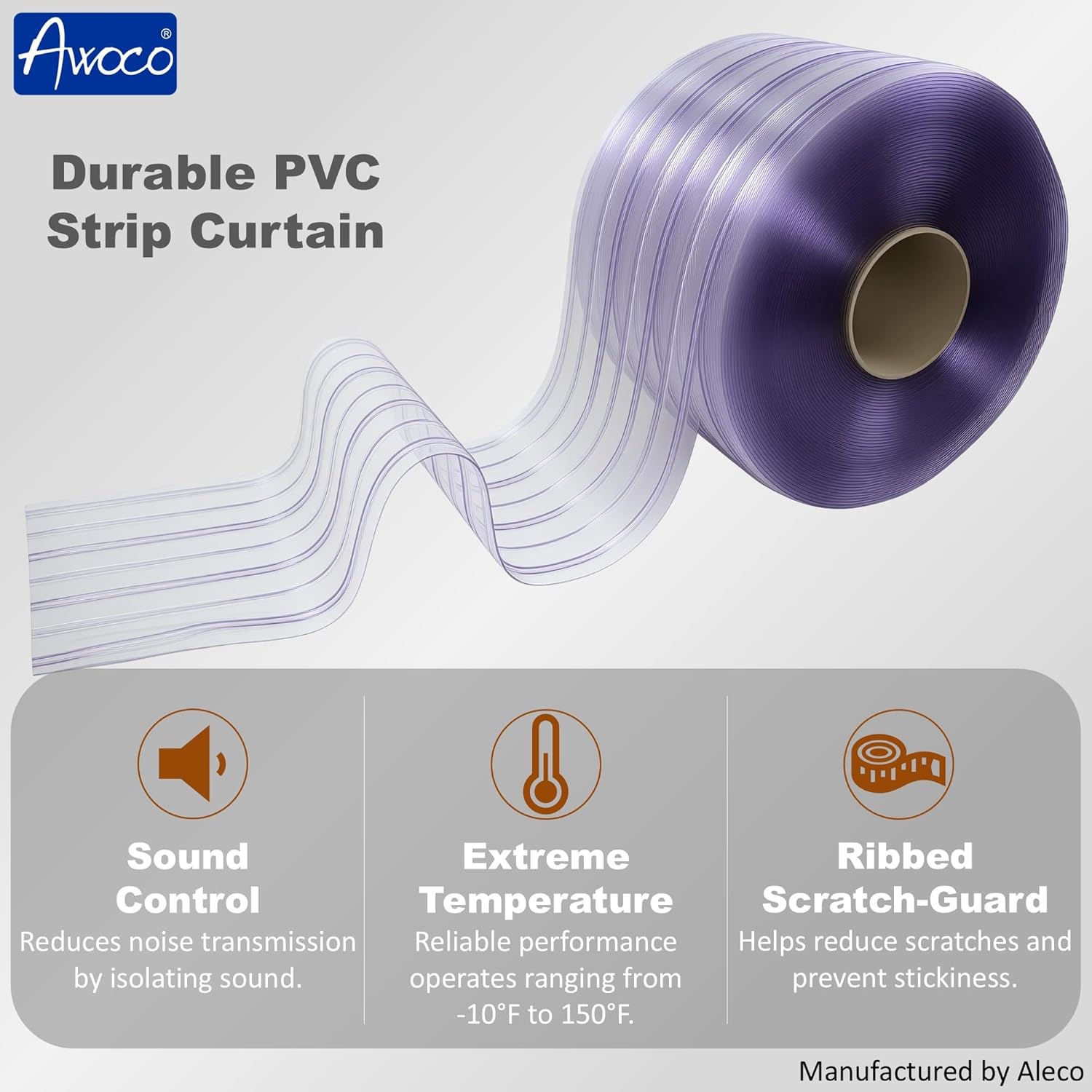 Awoco PVC Strip Roll, 12" x 150ft, 0.216" Max Thick, Ribbed Scratch-Resistant Door Curtain for Warehouse, Walk-in Cooler Freezer, Oversized Opening, Energy-Saving, Made in USA by Aleco