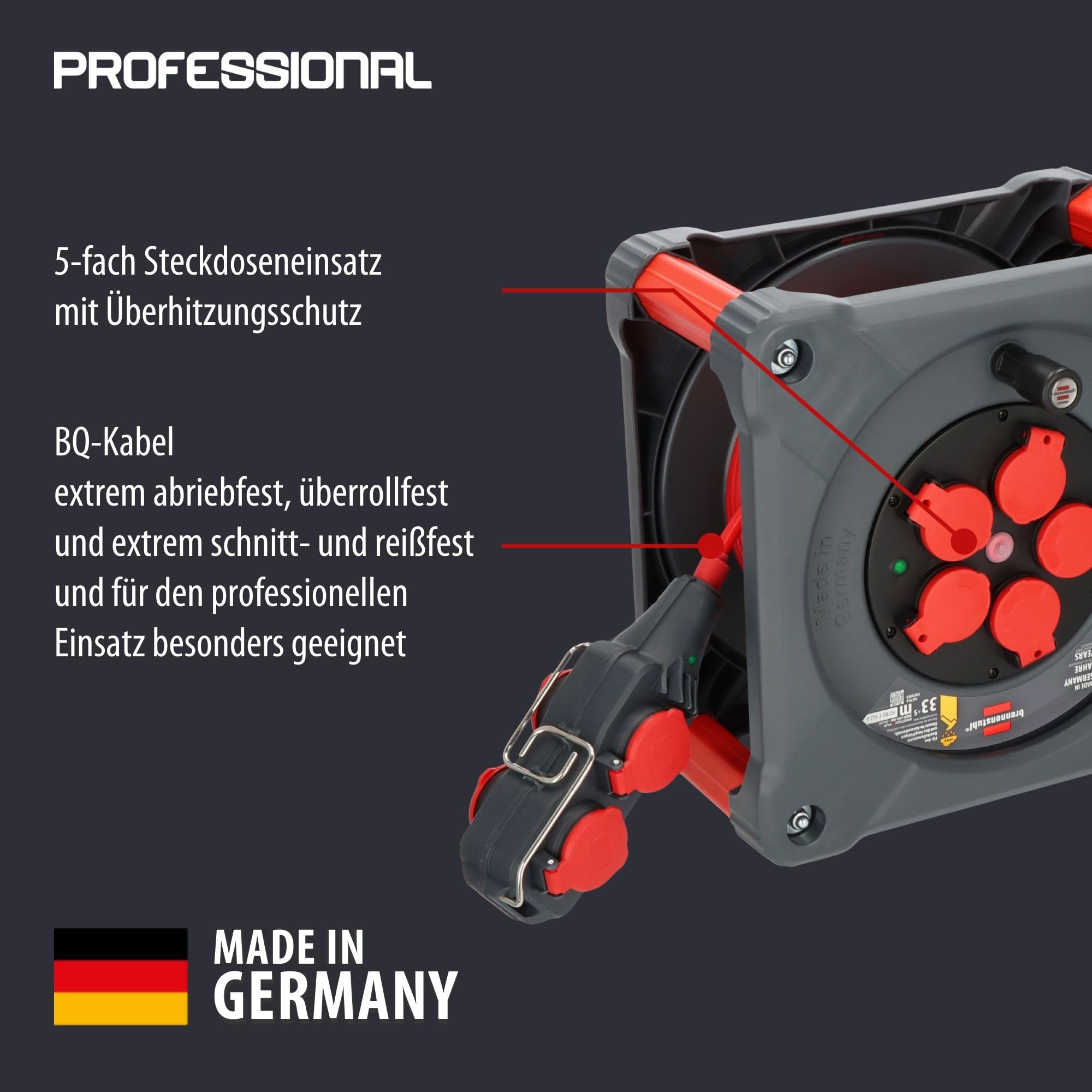 Brennenstuhl Carrete de cable profesional para construcción con Powerblock KC 3210 5 (33+5m, cable H07BQ-F3G2,5 en rojo, 5 enchufes, exterior permanente, Made in Germany)