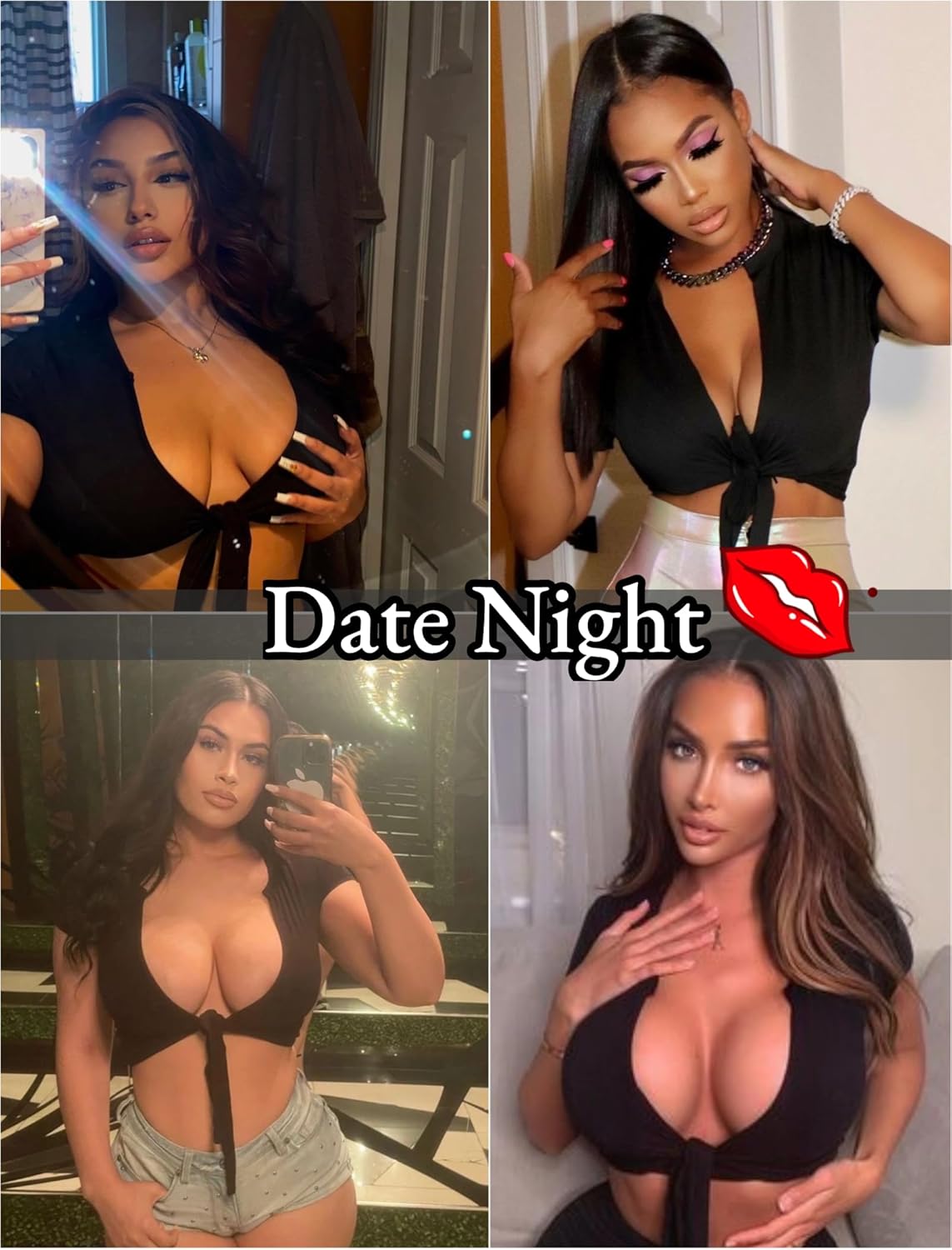 Women's Sexy Tie Up Crop Top Short Sleeve Deep V Neck Casual Basic T Shirt - Image 2