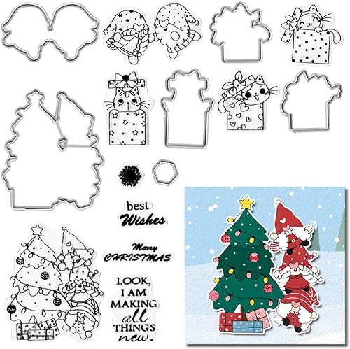 Troqueles de corte de Navidad con sellos transparentes, regalos de árbol de Navidad, troqueles y troqueles para hacer tarjetas, palabras, troqueles