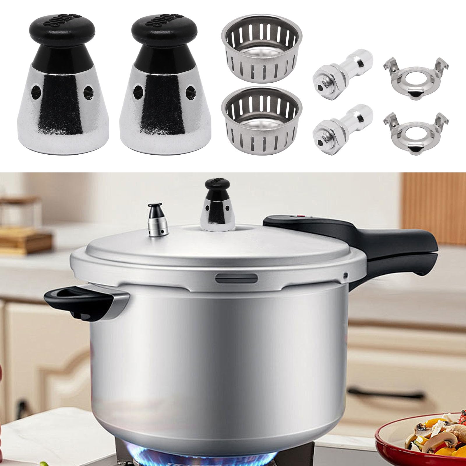 2 válvulas de alivio de olla a presión, válvula de jigger universal de olla a presión con varilla de escape, silbato para control de presión de peso, regulador de seguridad de 80 KPA, diseño 5