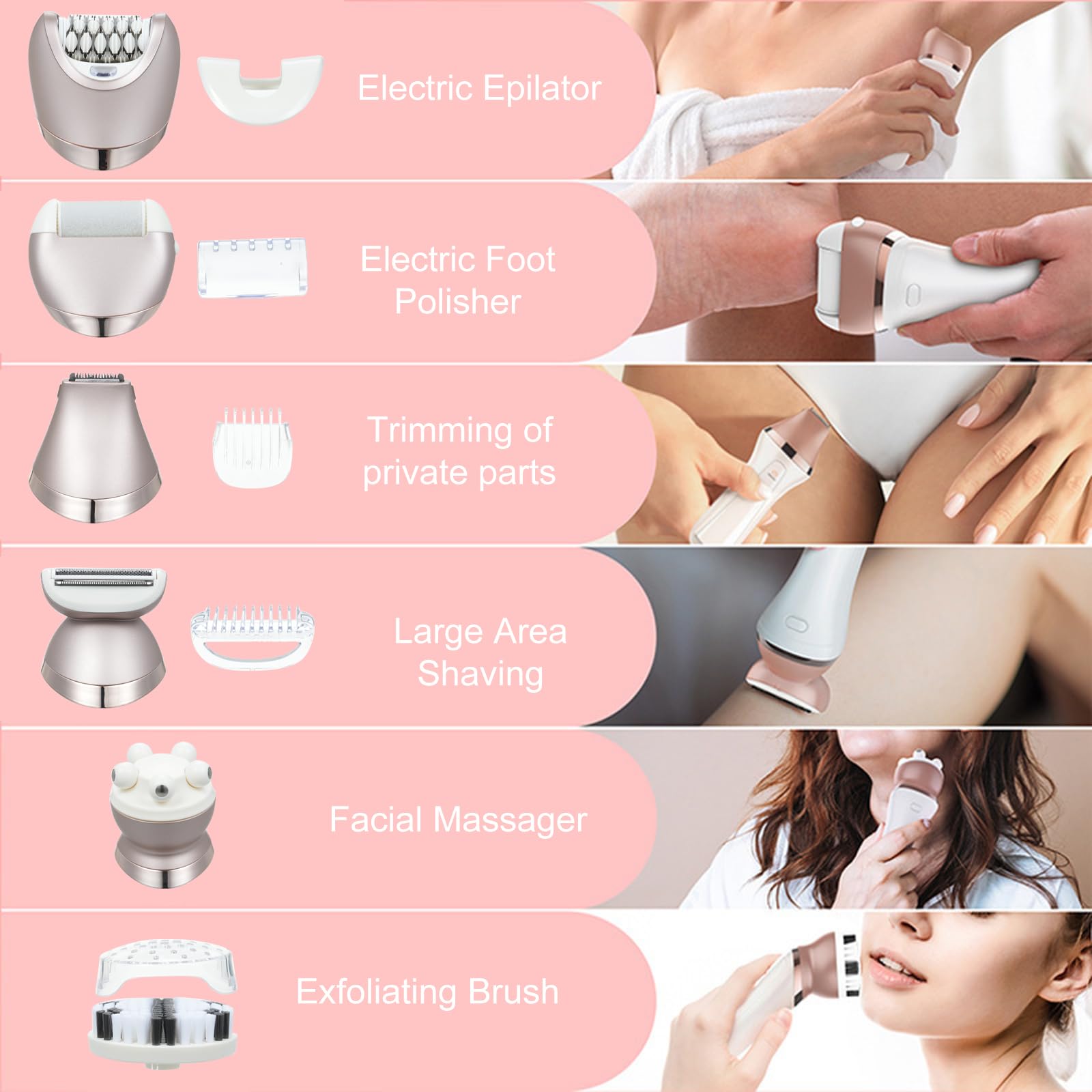ACAGALA Depilador eléctrico 6 en 1 para mujer, depilación sin dolor en la cara, cuerpo y pies – Kit compacto con accesorios de precisión