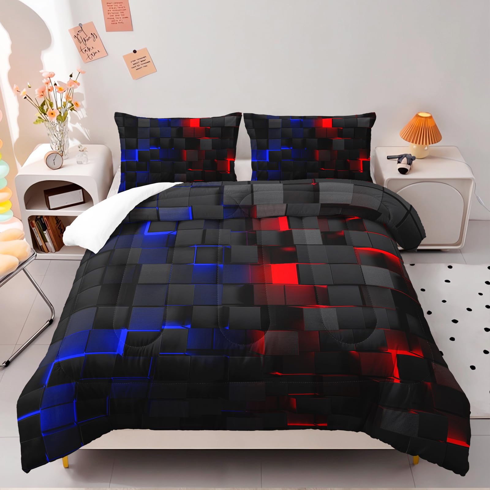 Nttopship Red and Blue Checkered Comforter Set Queen Honeycomb Bedding Sets 3PCS for Kids Teen Adult Boy Room Decor Ultra-Soft Lightweight Microfiber 1 Comforter with 2 Pillowcases