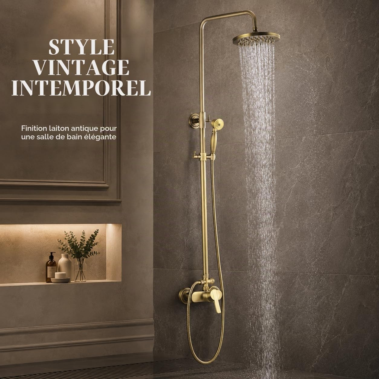 Ensemble de douche rond en cuivre antique, montage mural, mitigeur de baignoire, pommeau et douchette à effet pluie, barre réglable, style rétro bronze