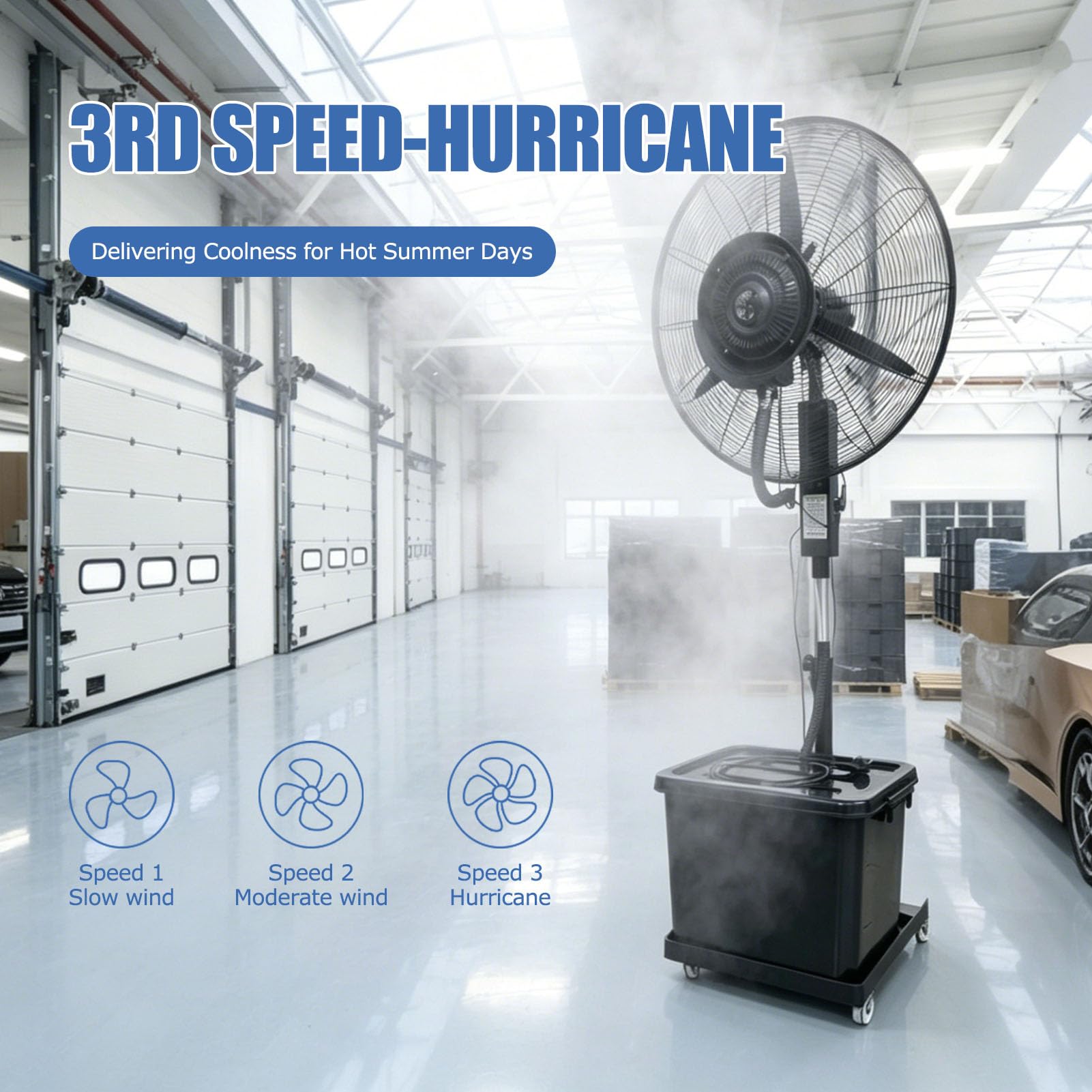 Ventilador Nebulizador Industrial de Pie con Dep贸sito de Agua de 42L, 3 Velocidades, Altura Ajustable, Alcance de 7~8m, Ventilador Oscillante para Almacenes y Grandes Espacios