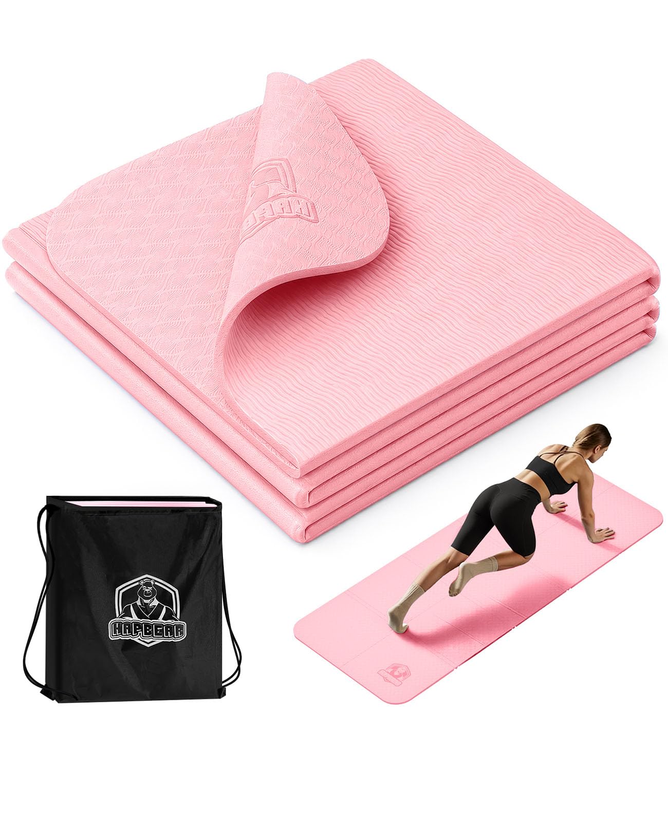 HAPBEAR Reise Yogamatte faltbar 183x61x0,6cm – rutschfeste TPE Yogamatte klappbar mit Tragetasche, leicht & platzsparend für Yoga, Pilates, Fitness & Home Workout