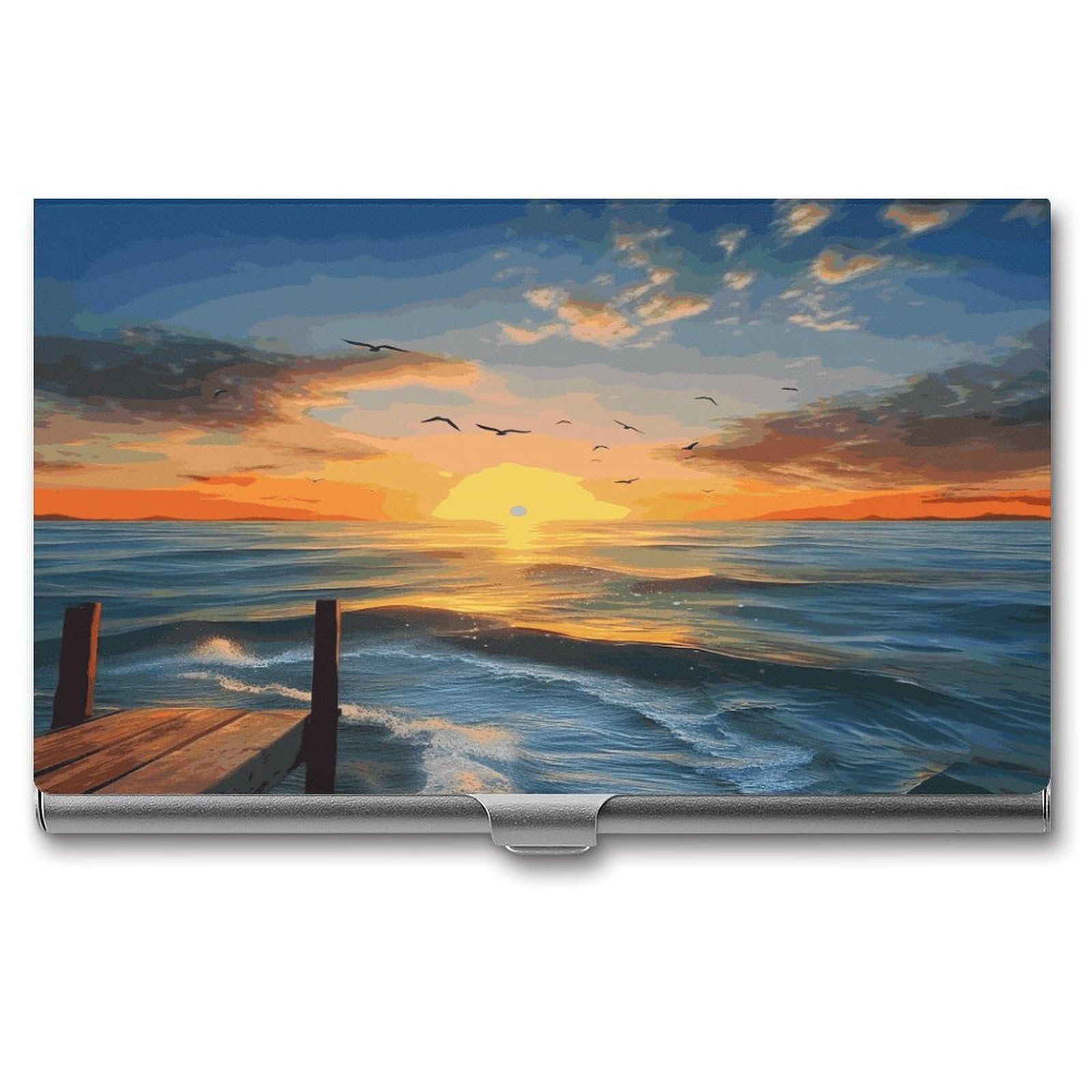 LDGSUPH Sunset Sea Business Card Holder Fashion Slim Name Card Holder Minimalist Design Case Metal Card Carrier Personalized Business Card Case with Flip for Men Women