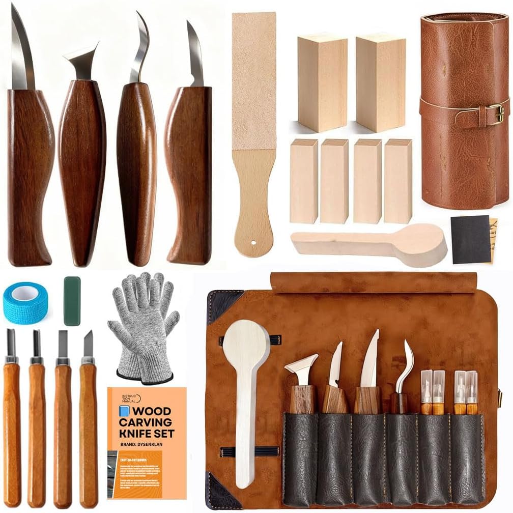 Dysenklan Wood Carving Kit Deluxe-Whittling Knife with PU Storage Bag,4 Wood Carving Knives 4 Detail Knives 6 Blocks, Woodworking Widdle Gift for Beginners Kids Adults Hobby