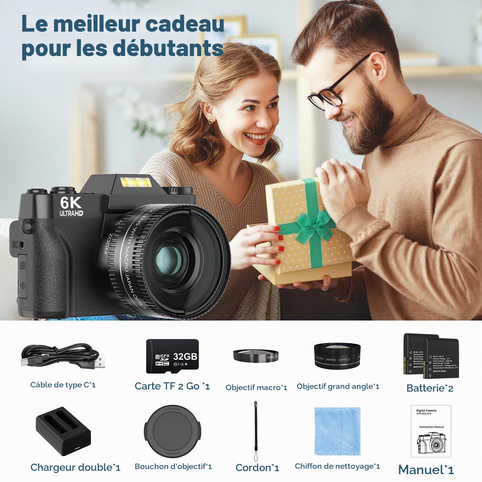 Appareil photo numérique 6K pour la photographie – Caméras de vlogging WiFi 64 MP pour YouTube avec écran rabattable de 3" à 180°, zoom numérique 16x, autofocus Vlog Travel Camara avec carte SD de 32