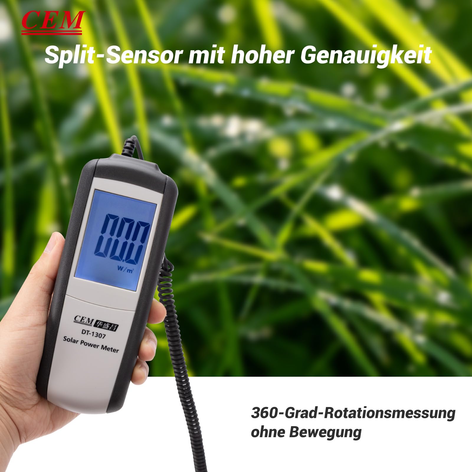 CEM DT-1307 - Misuratore di energia solare digitale, misuratore di potenza solare portatile con campo di misurazione 2000 W/m² e 634 BTU/(ft²·h), max/min, data hold, tester solare per misurazione | Misuratore di potenza solare fino a 1999 W/m² o 634 BTU/(