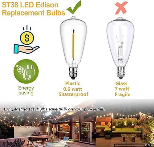 Miniatura 3 de Couah Paquete de 10 bombillas LED Edison, bombillas de repuesto con base de tornillo E12 de 0.6 W, bombillas LED inastillables ST38, bombillas de