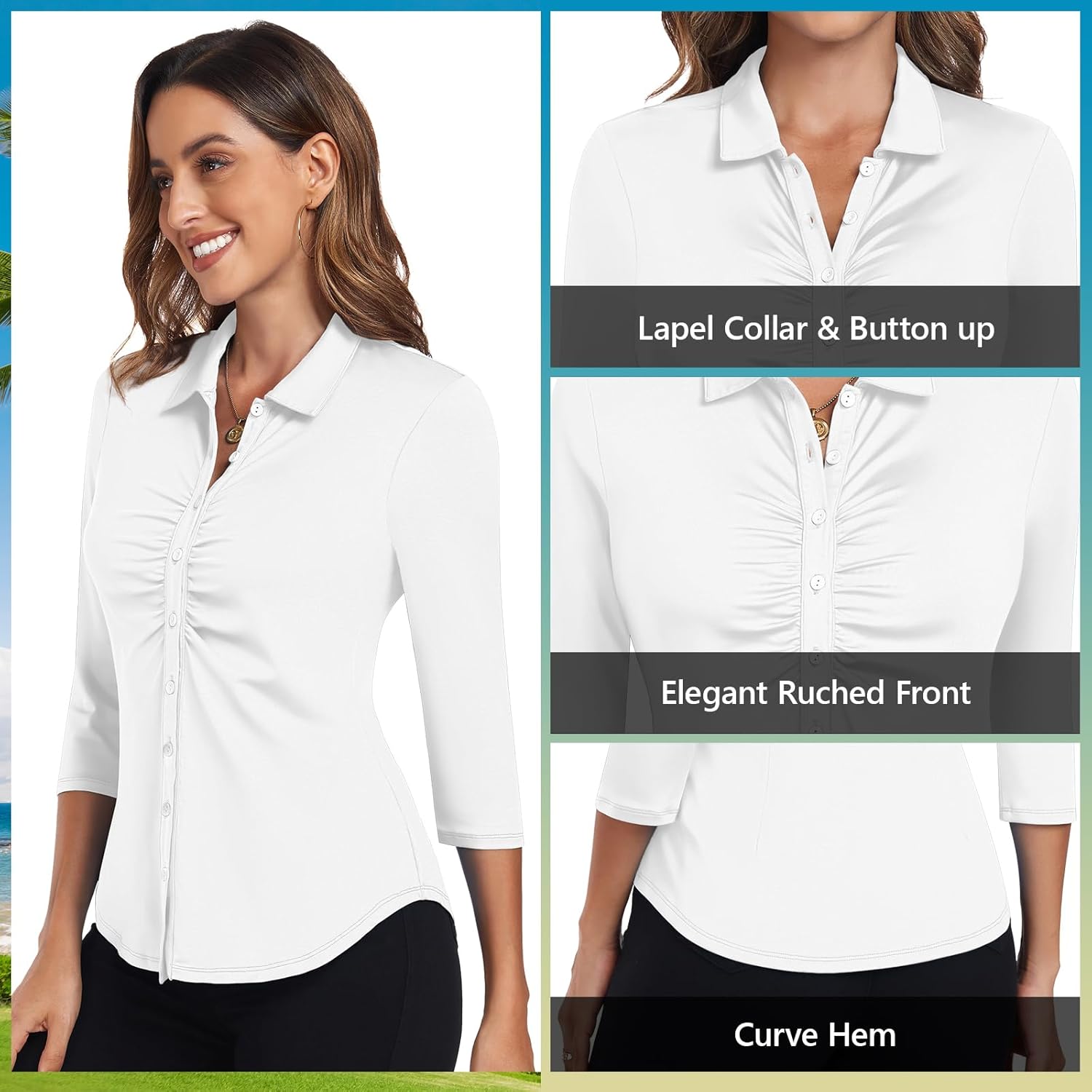 Soneven Women's 3/4 Sleeve Golf Polo Shirts V Neck Ruffle Sleeve Dressy Tops Casual Work Tunic Blouses