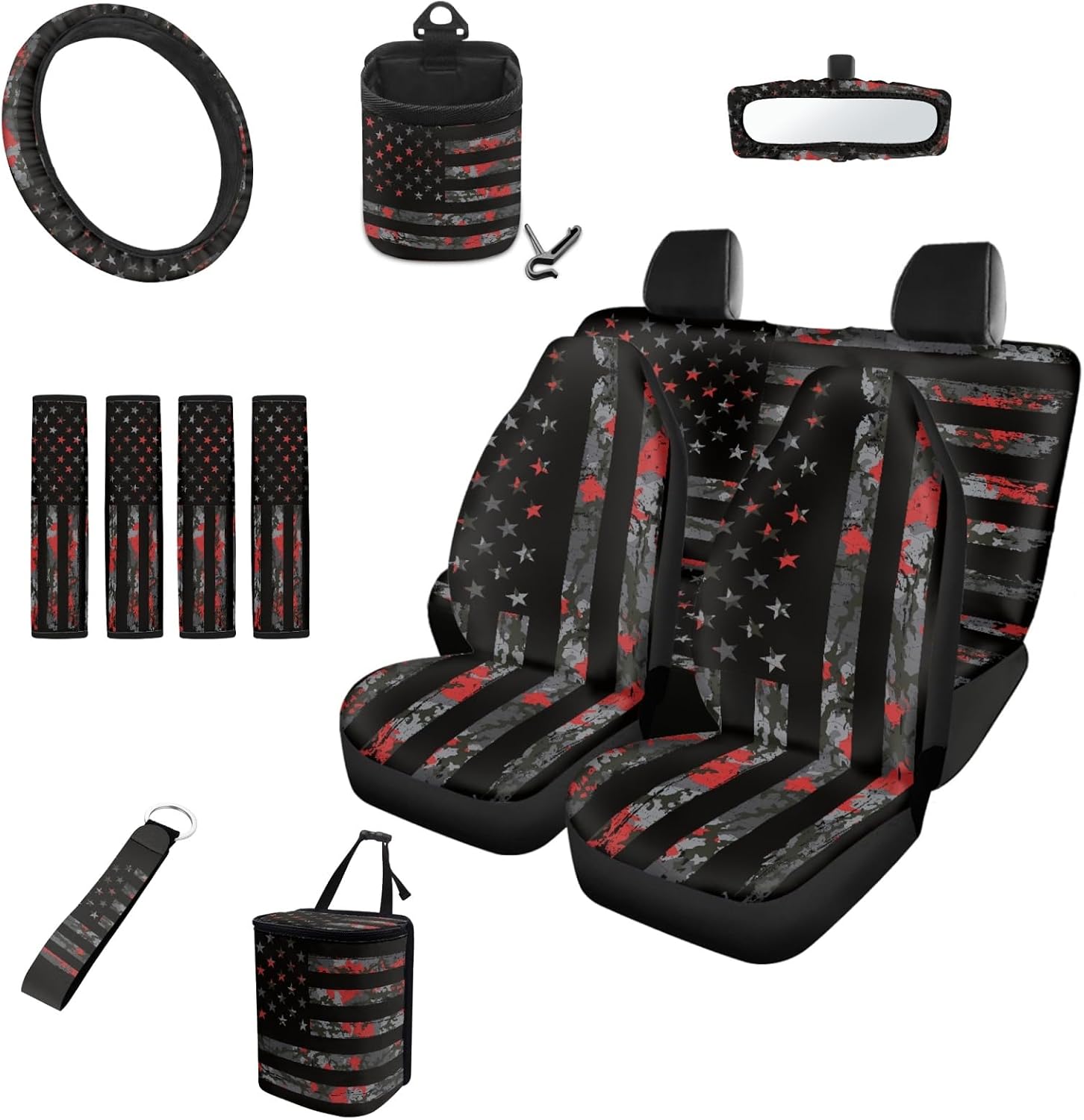 INSTANTARTS Camouflage American Flag 13 Pcs Car Accessories Set 4 Pieces Car Seat Covers Steering Wheel Cover Keychain Car Trash Can Car Dash Accessories Interior Rearview Mirrors Protective Cover